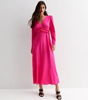 New Look Bright Pink Satin V Neck Long Sleeve Frill Detail Midi Dress